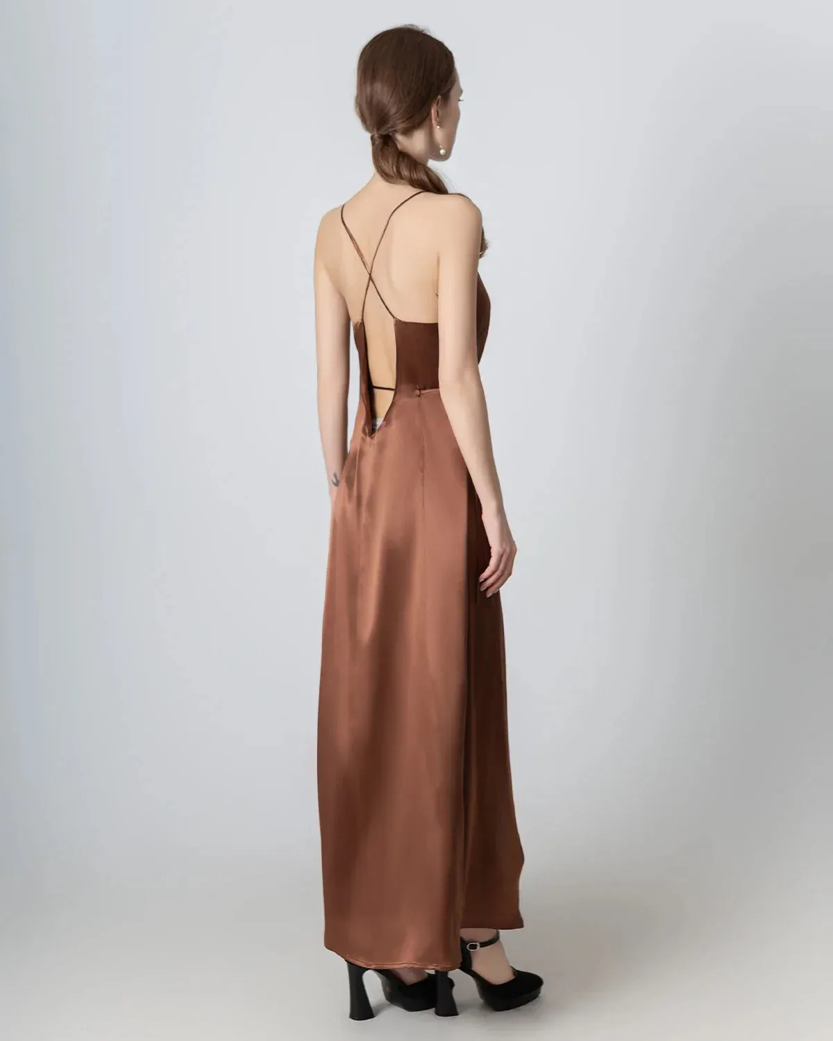 V-neck Backless Wrap Maxi Silk Dress