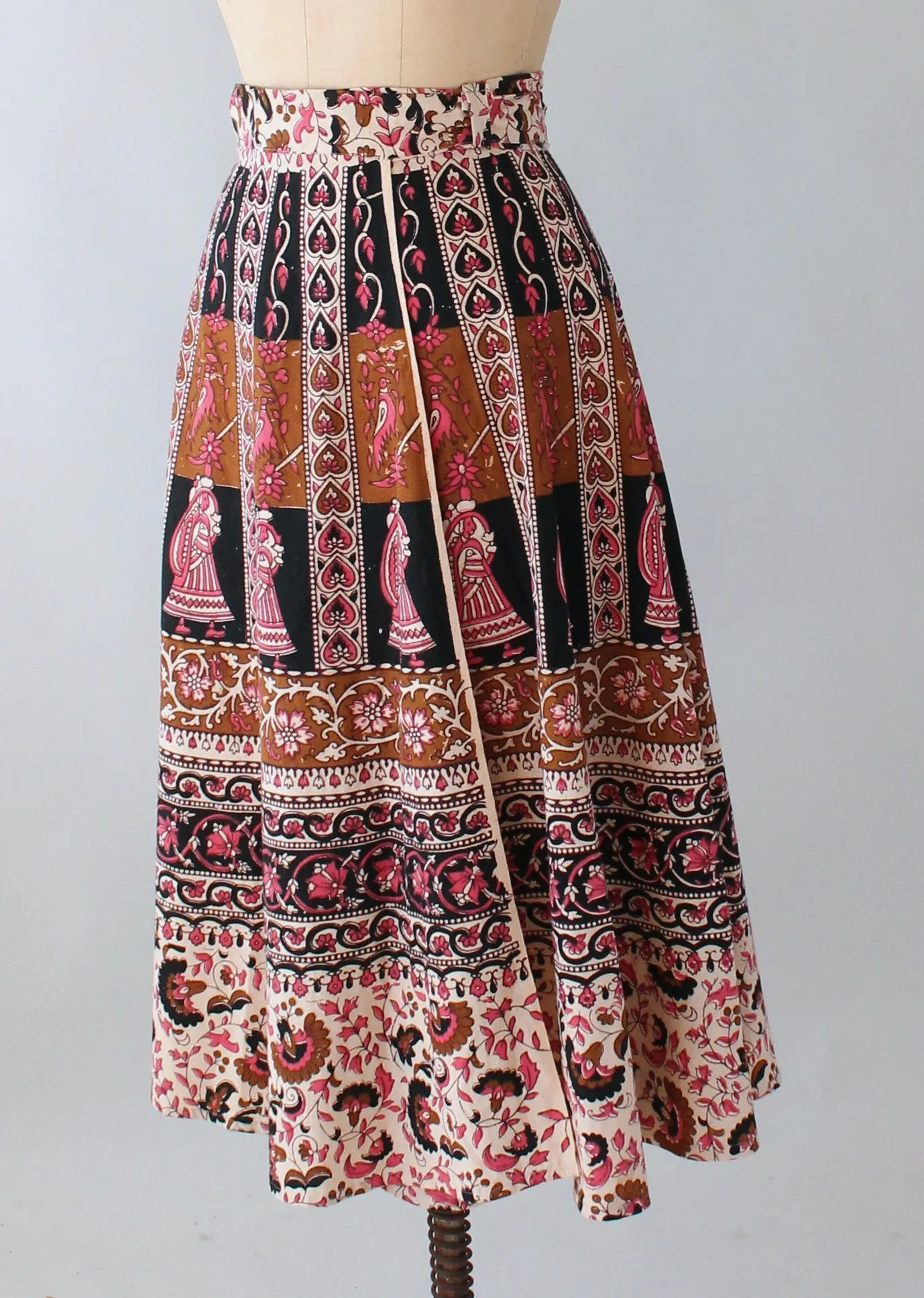 Vintage 1970s Indian Cotton Block Print Wrap Skirt