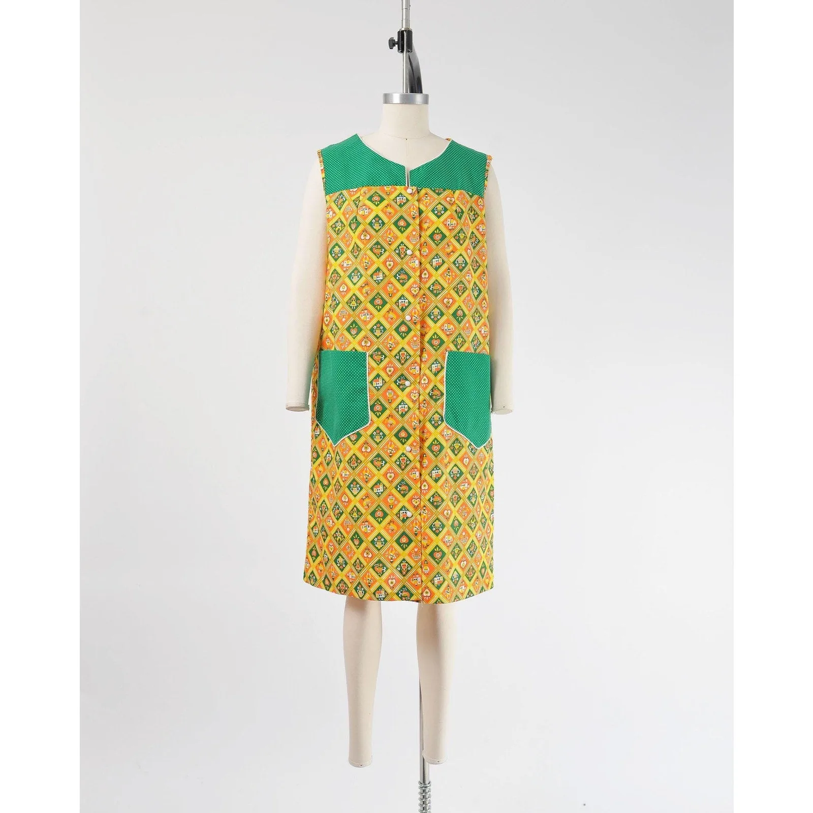 Vintage 60s Novelty Print Cotton Blend Folk Art Mod Smock Dress Yellow Green size M