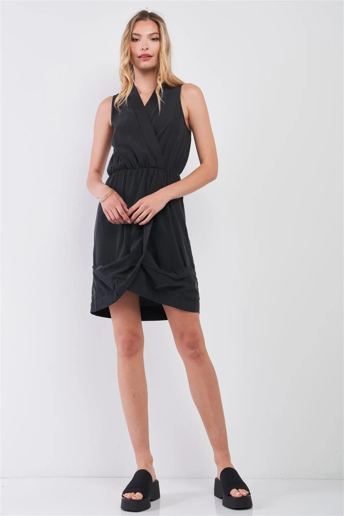 Washed Black Wrap Sleeveless V-Neck Mini Dress /1-3-1