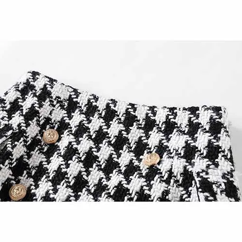 Women Black Houndstooth Check Shorts Gold-tone Mini Tweed Shorts