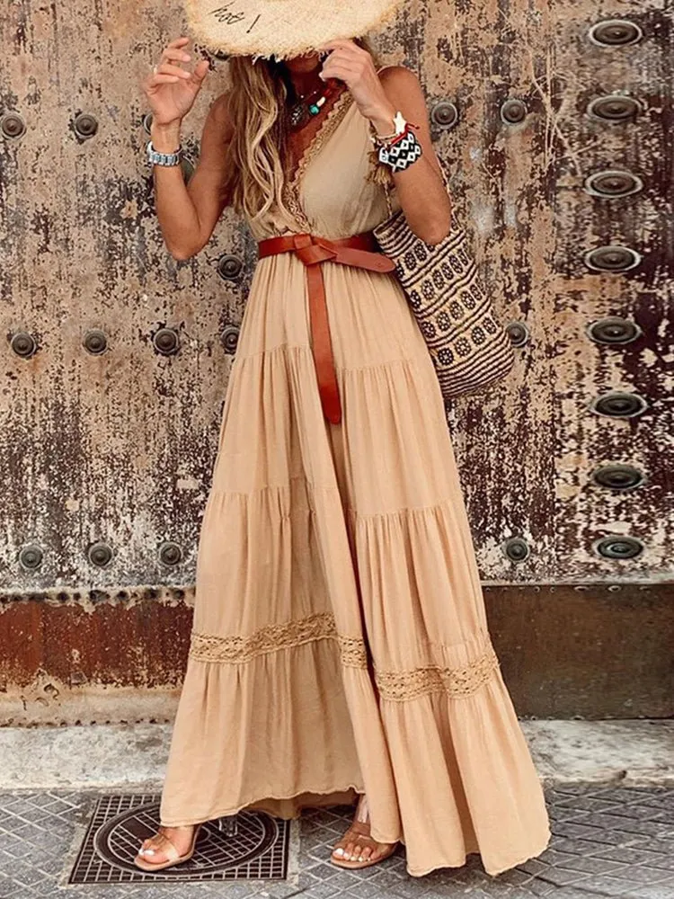 Women Lace Patchwork Maxi Dress – V-Neck Vintage Sleeveless Boho Maxi Dress with Belt for Casual Beach & Party Vibes