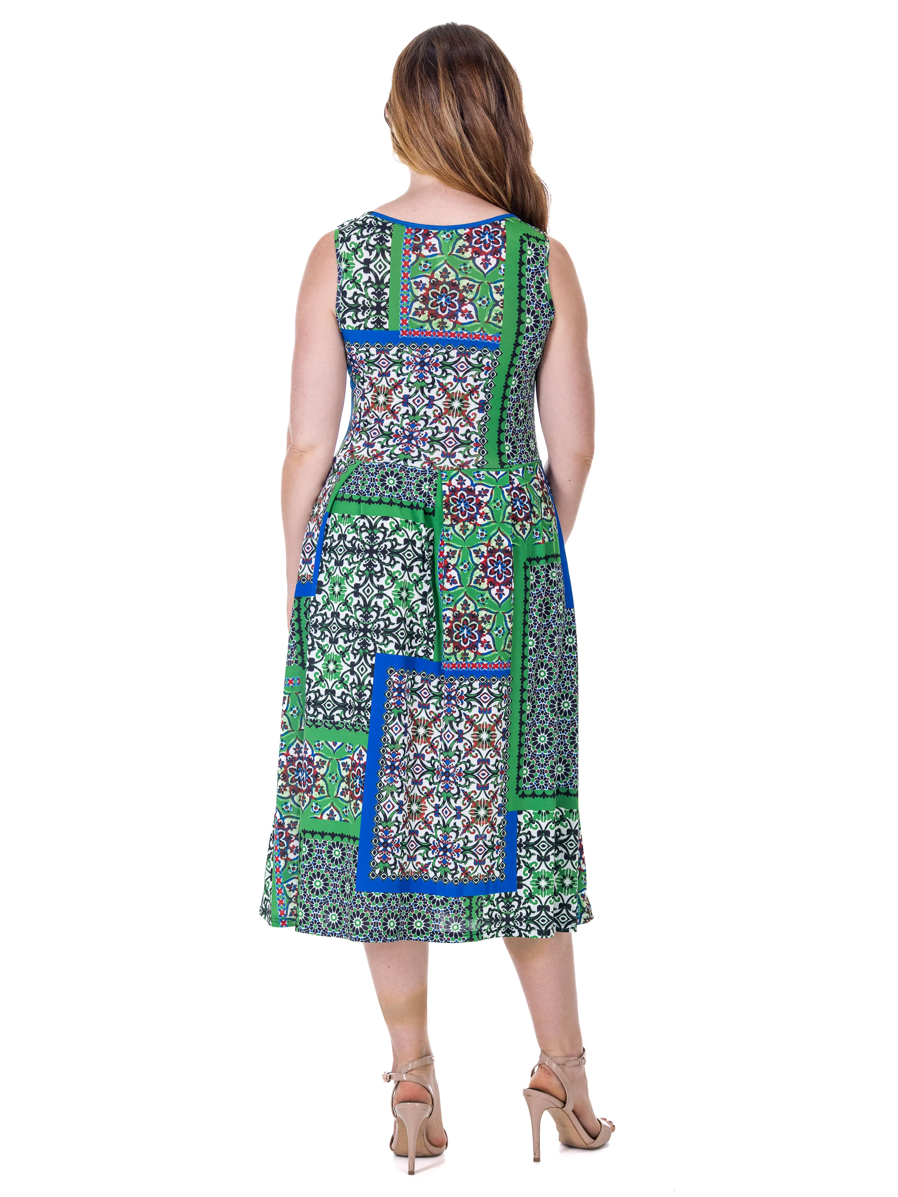 Womens Midi Length Green Scarf Print Sleeveless Pleated Pocket Dress