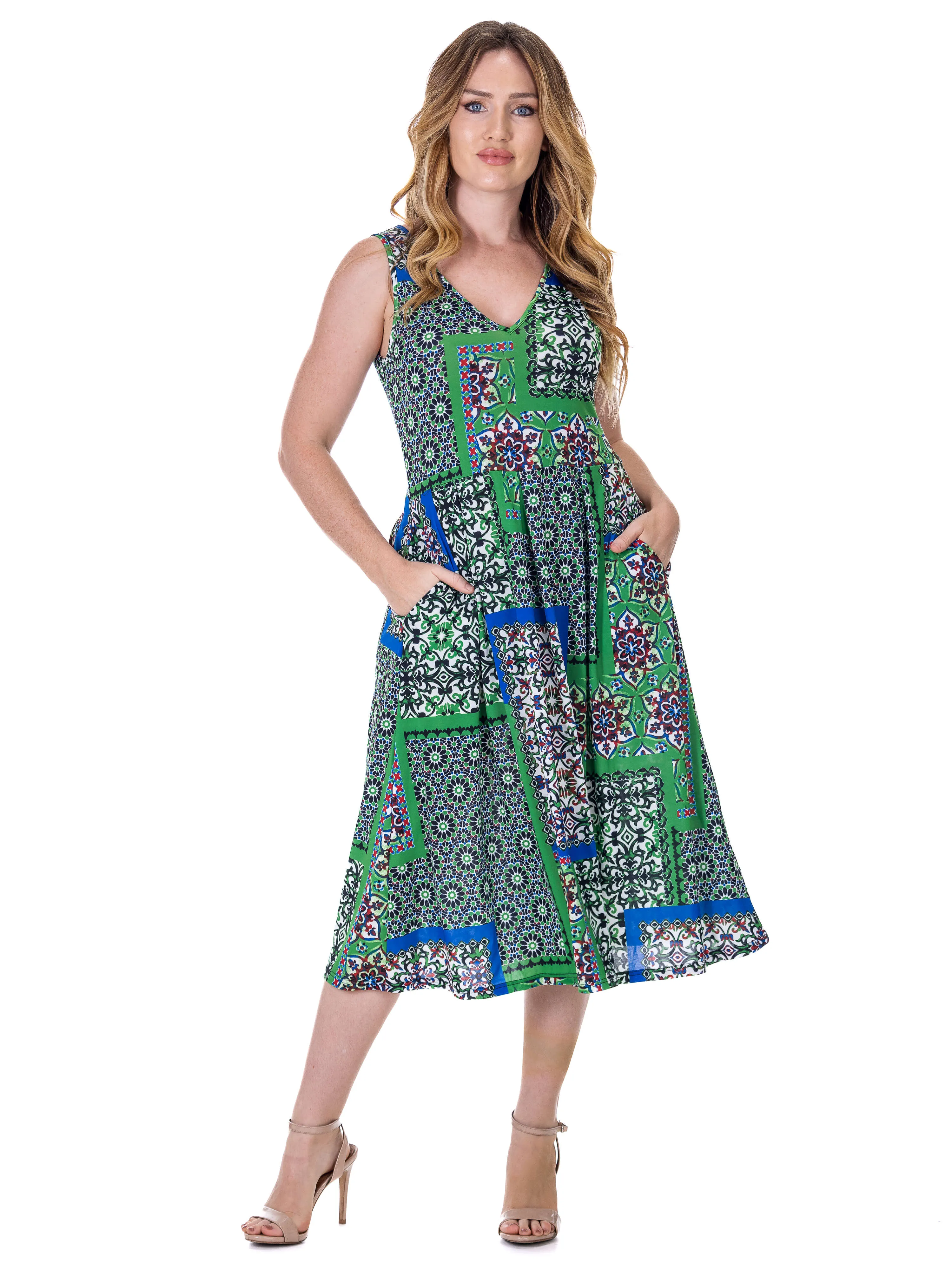 Womens Midi Length Green Scarf Print Sleeveless Pleated Pocket Dress