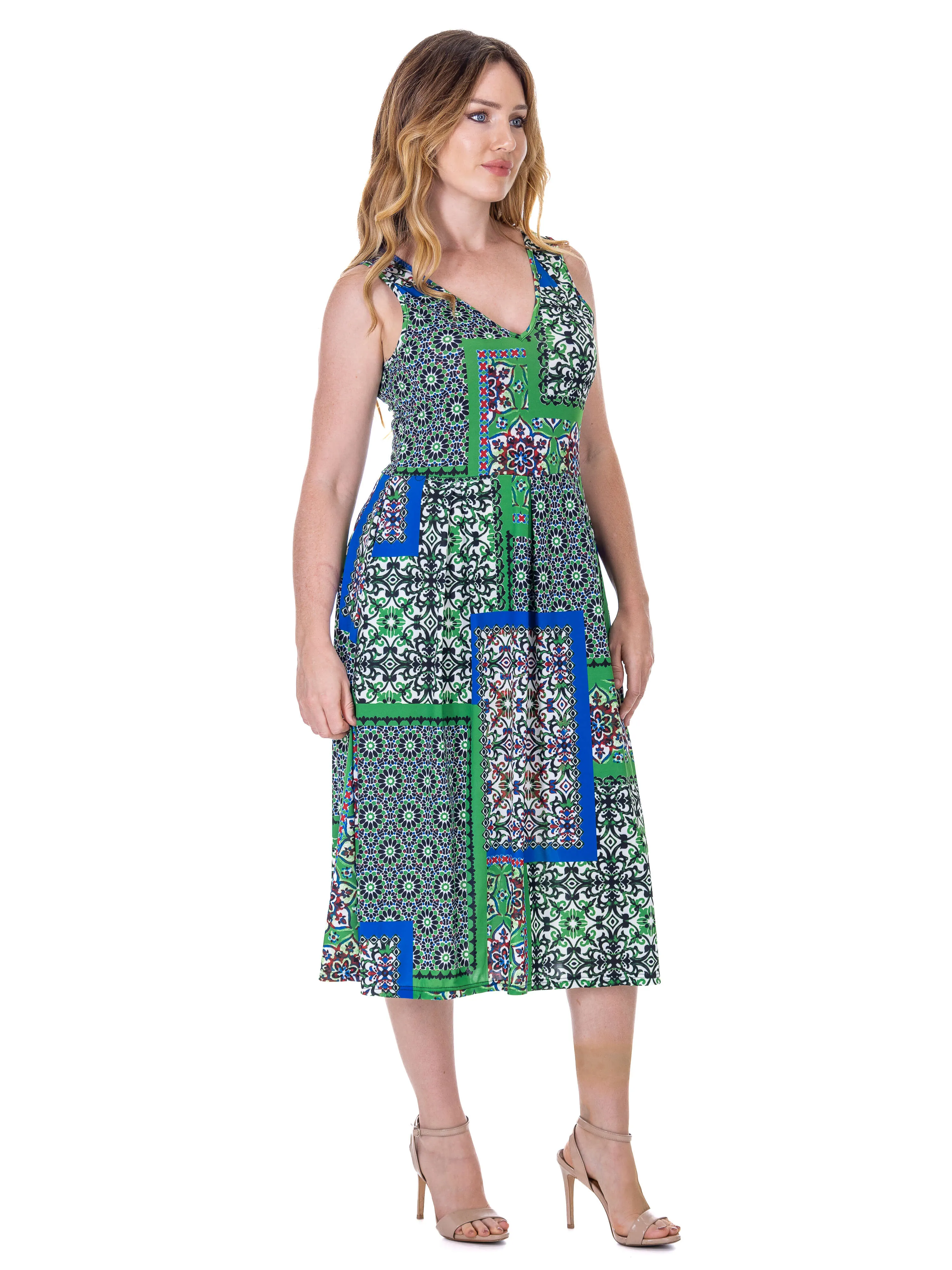 Womens Midi Length Green Scarf Print Sleeveless Pleated Pocket Dress