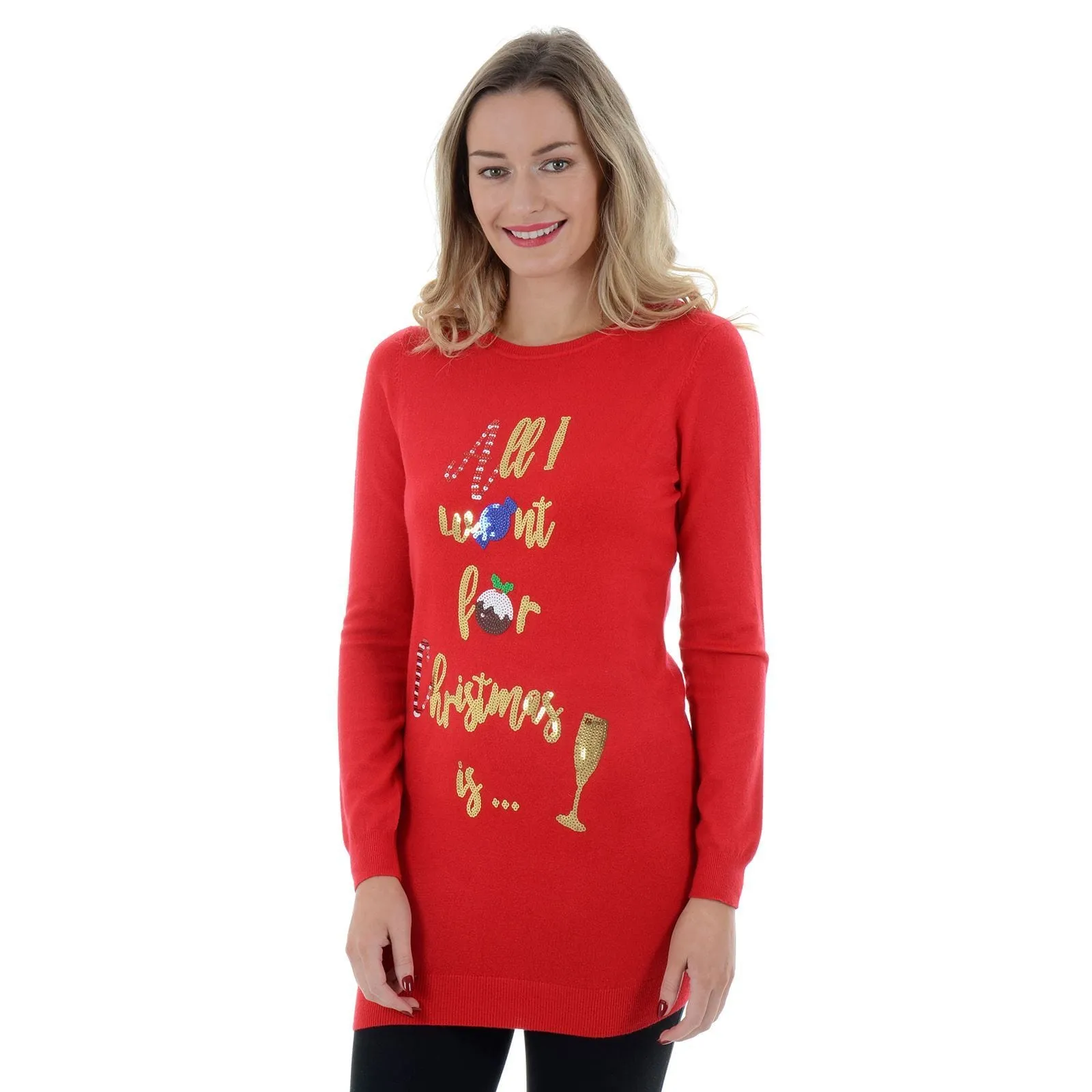 Womens Novelty Sequin All I Want For Christmas Tunic Jumper