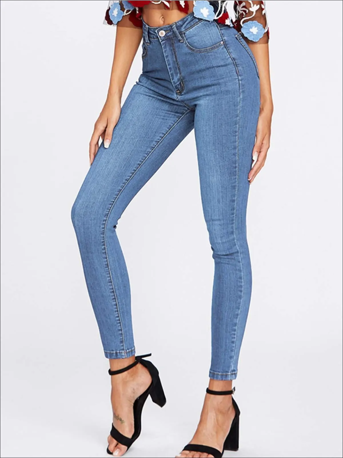 Women's Plain High Waist Button Skinny Jeans