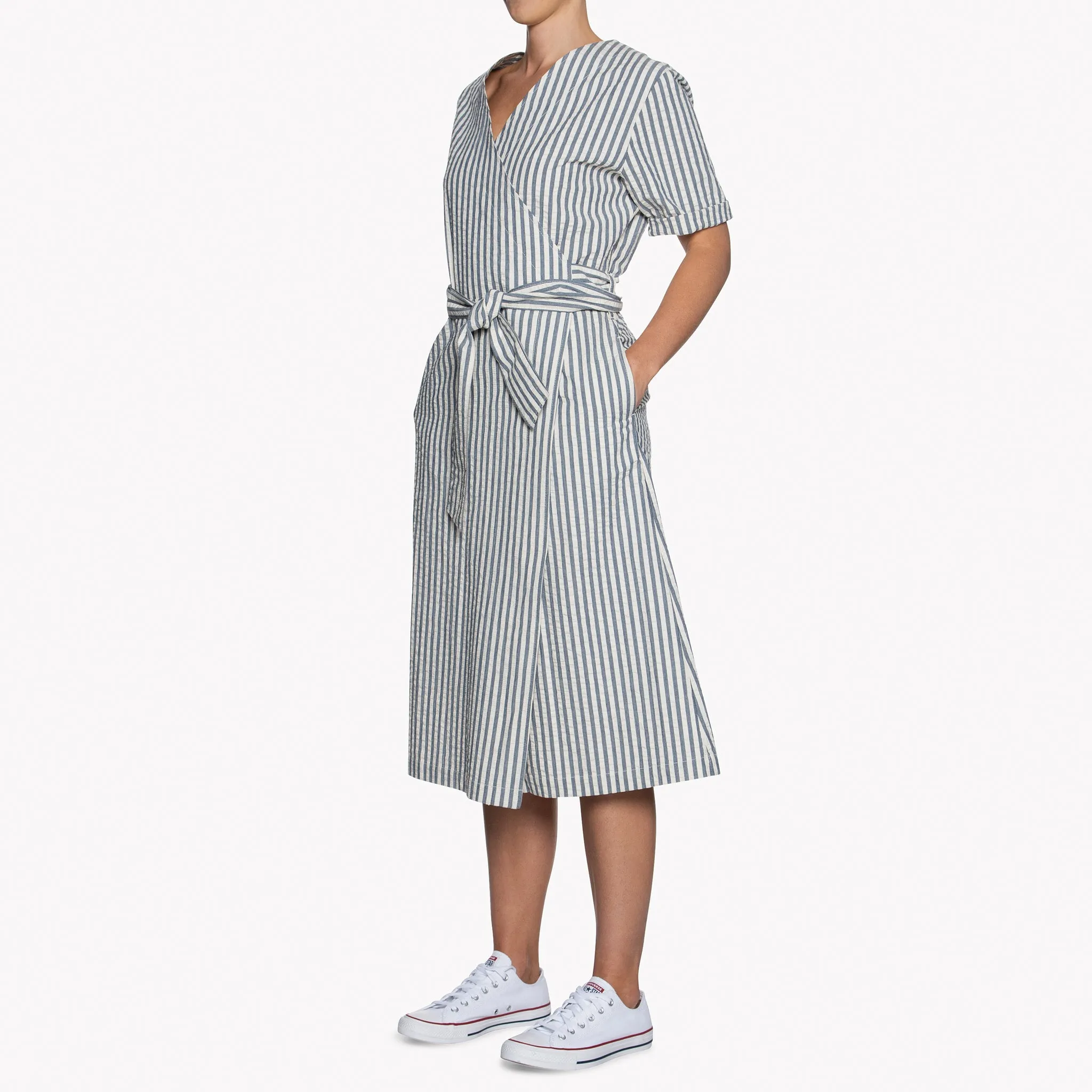 Wrap Dress - Seersucker Stripe - Blue/Cream